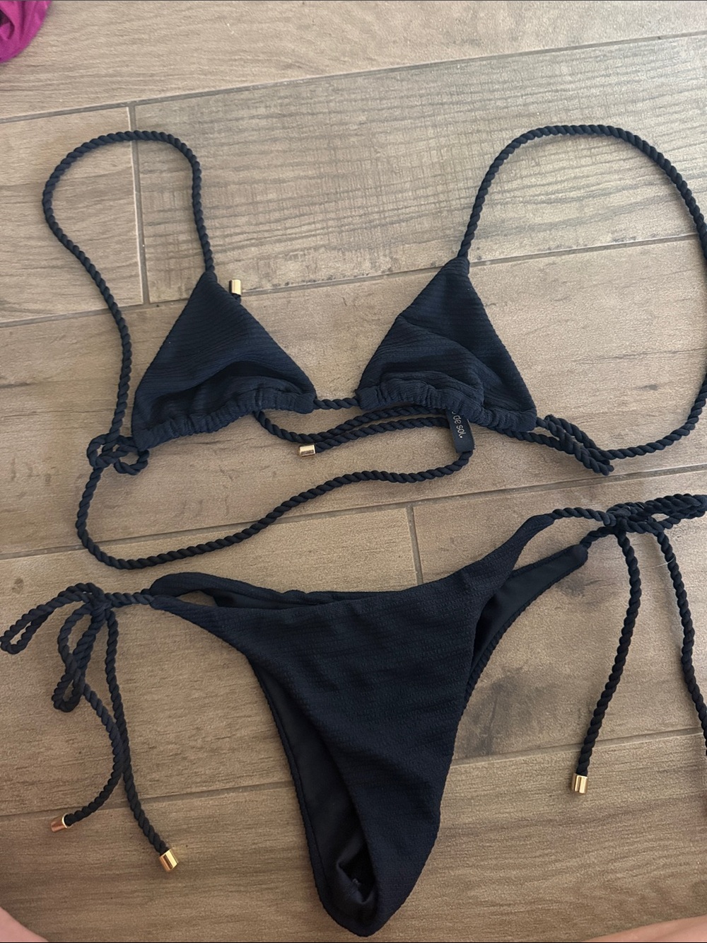 Rio de sol Black Textured Rib Tie-String Bikini